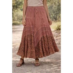Boho Peasant Skirt Dusty Rose With Leopard Hem Embroidered Womens Free Size